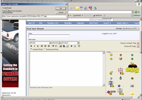 1986 Ford Bronco - A screenshot shows a web forum with a dialog box prompting for script input.