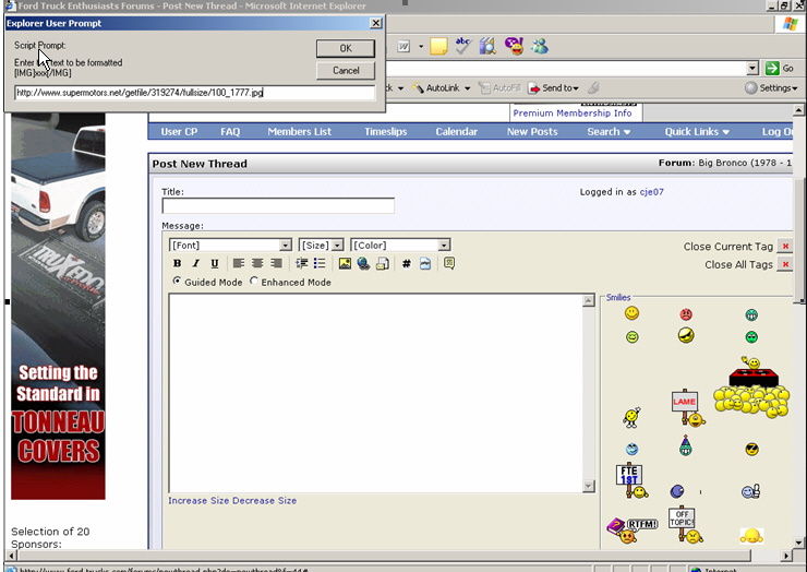 Screenshot of a web forum with a 'Script Prompt' dialog box open, showing a URL for an image