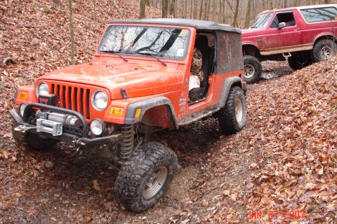 1995 Ford Bronco - Two off-road vehicles, an orange Jeep Wrangler and a red Ford Bronco, navigate a wooded trail covered in fallen leaves.