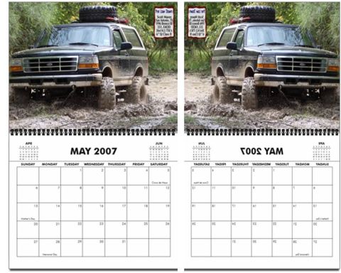 1990 Ford Bronco - A lifted Ford Bronco navigates a muddy trail, with a calendar page visible below.