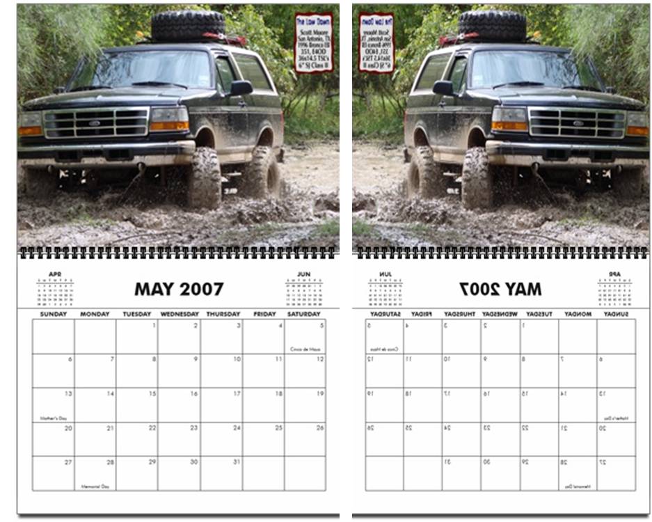 Ford Bronco driving through mud, spare tire on roof. Calendar page shows May 2007