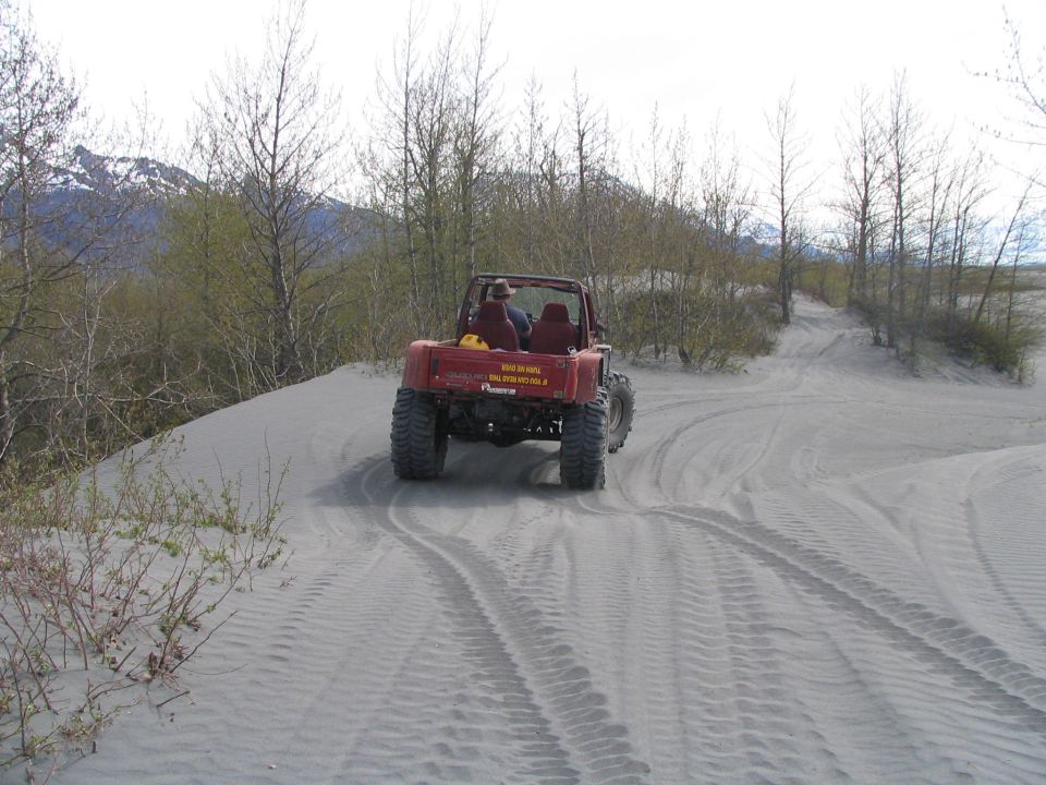 Red off-road vehicle driving on sand dunes with trees and mountains in background