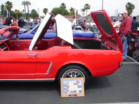 1992 Ford Taurus - A red 1965 Ford Mustang convertible is displayed with its hood and trunk open, parked next to a blue car.