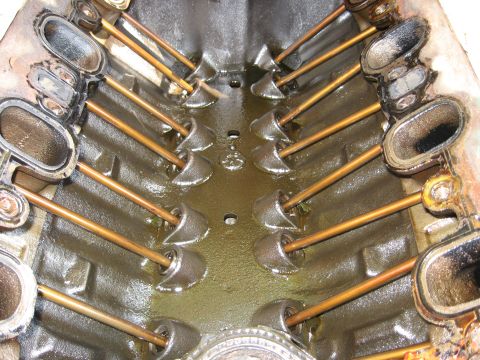1979 Ford Bronco - Close-up view of an engine block's internal components, showing pushrods and oil residue.