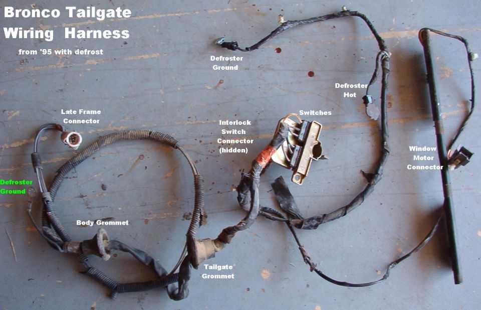 Bronco tailgate wiring harness from a 1995 with defrost, labeled connectors