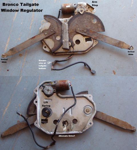 1983 Ford Bronco - '78-96 Bronco Tailgate Window Regulator front & back (early regulator arms may have round swivels instead of square) Motor wires are 35&quo…