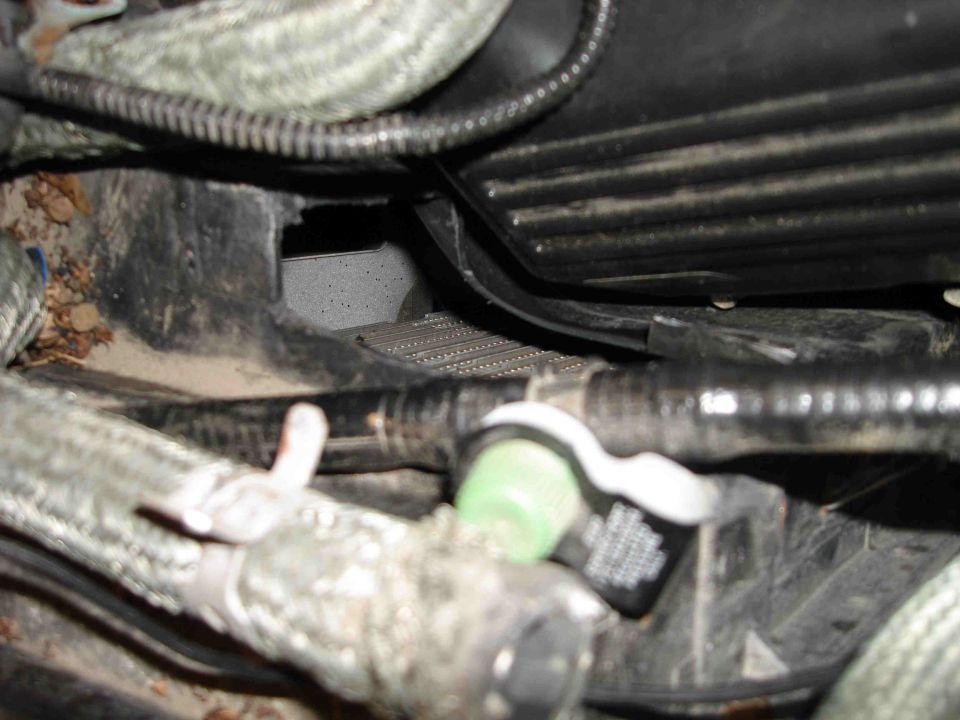 Engine bay detail with sleeved hoses, wiring loom, green fitting and finned cooler core