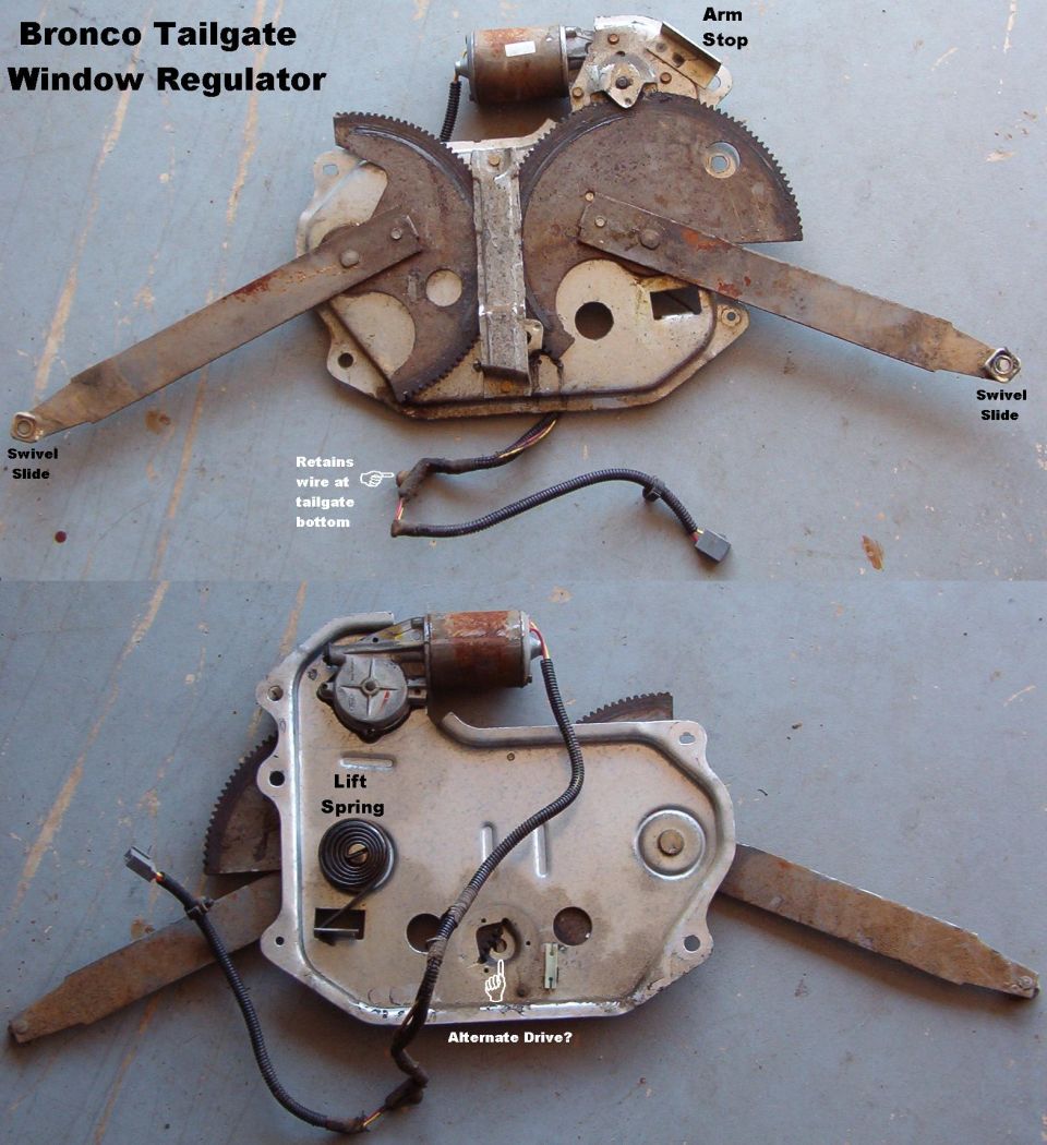 Bronco tailgate window regulator mechanism front and back with labeled parts
