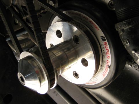 1979 Ford Bronco - An ATI Super Damper pulley system is visible, with V-belts driving various components.