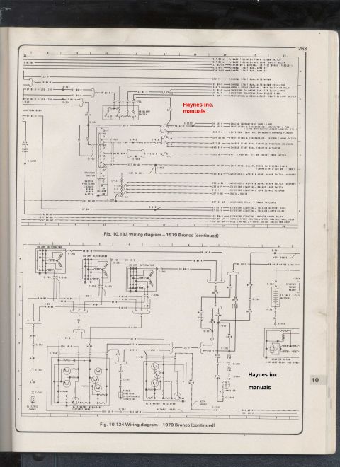 1979 Ford Bronco - Haynes 1979 Bronco wiring schematic (continued) detailing circuit runs, splices and connectors with wire-color and gauge identification.