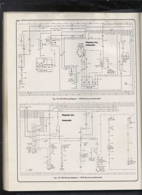 1979 Ford Bronco - Haynes Bronco wiring schematic (continued) showing connector S-201/S-202, fuse-link runs and transmission/instrument circuits with wire col…