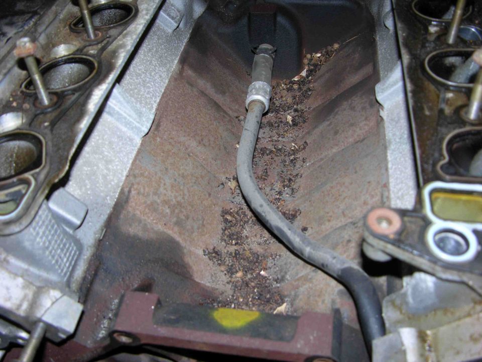 Engine intake manifold with debris, rust, and a grey hose