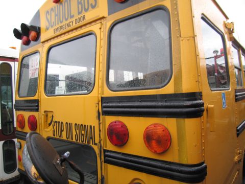 1991 Ford LTD Crown Victoria - Rear view of a yellow school bus, showing the emergency door and stop arm signal.