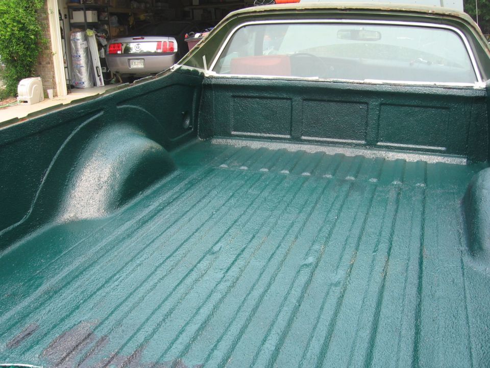 1973 Ford Ranchero bedliner with green spray-on coating