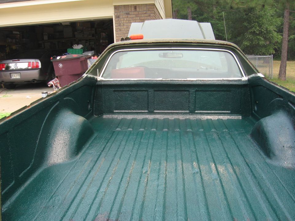 Green truck bed with ribbed floor. 1973 Ford Ranchero