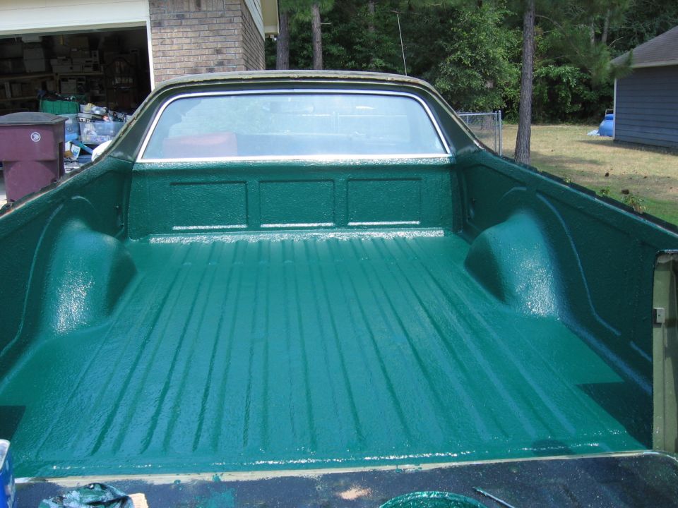 1973 Ford Ranchero bedliner freshly painted green