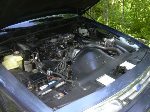 1996 Ford Crown Victoria - Engine bay of a blue 1996 Ford Crown Victoria, showing the V8 engine and battery.