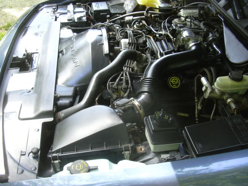 engine bay with hoses, wires, and fan shroud. Ford logo visible on air intake