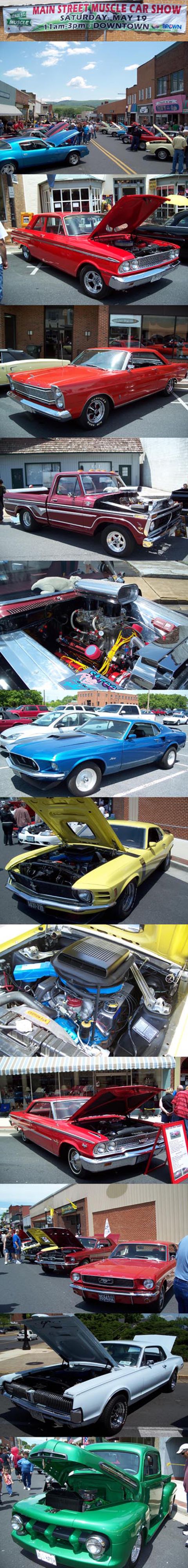 1971 Ford Ranchero - A red pickup truck from the 1970s is displayed with its hood open, showing the engine compartment.