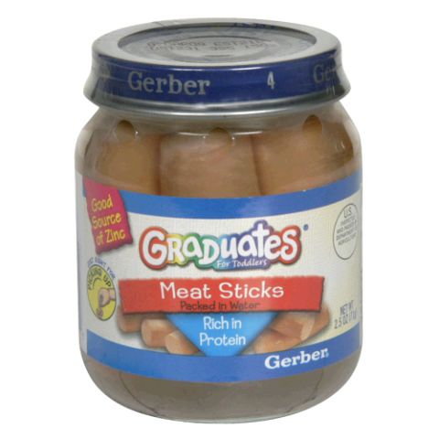 1979 Ford Bronco - A jar of Gerber Graduates Meat Sticks is shown, highlighting its protein content and zinc source.