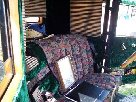 1972 Ford Ranchero - Custom interior features upholstery with a repeating pattern of cartoon cars and a framed document on the seat.