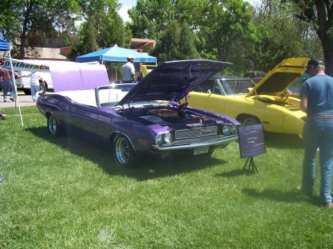 1972 Ford Ranchero - Two classic muscle cars displayed on grass at a car show.