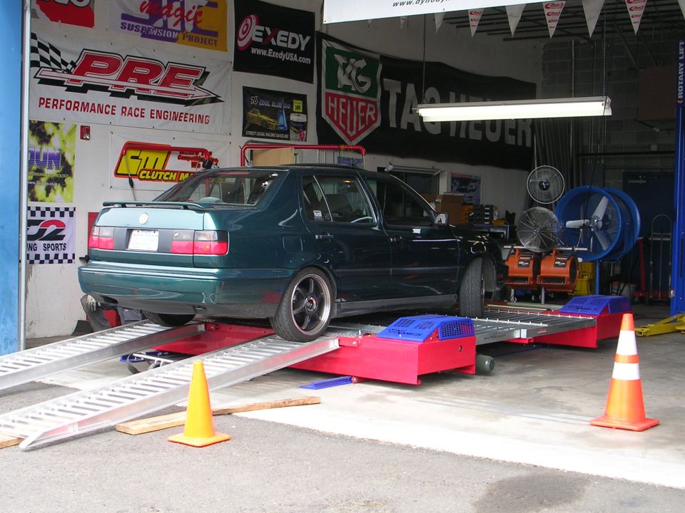 Green sedan on a dynamometer in a garage with racing banners on the wall