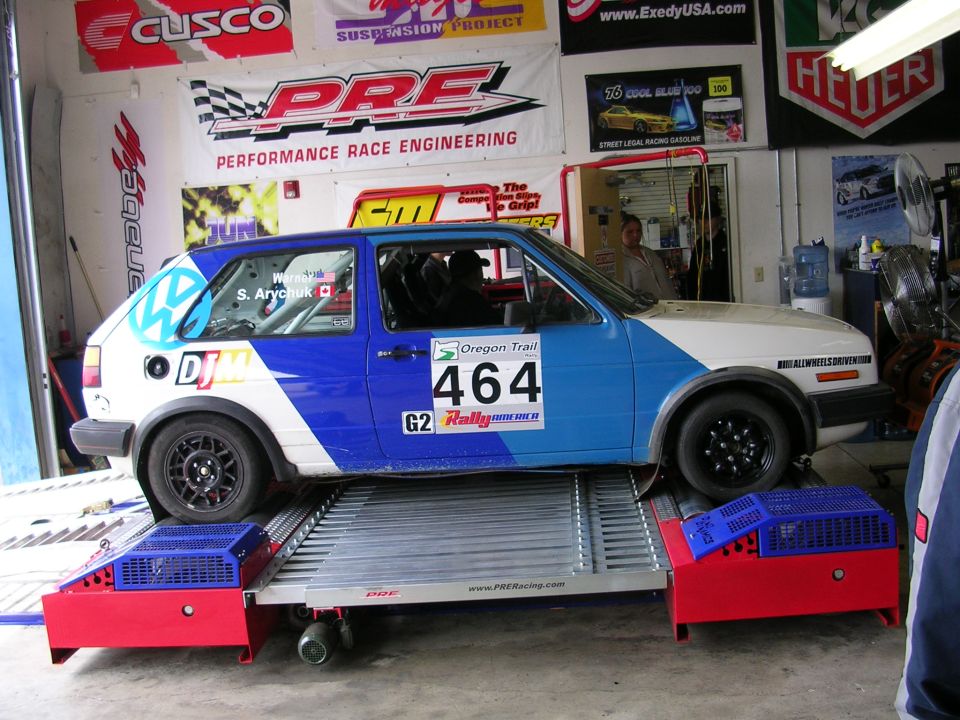 VW Golf GTI on a dynamometer, with racing decals and number 464