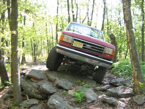 1990 Ford Bronco - A red Ford truck is shown off-roading on a rocky path through a forest.