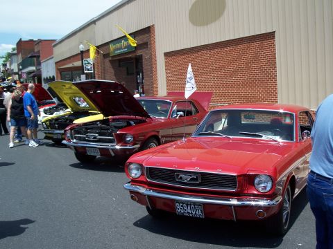 1971 Ford Ranchero - A line of classic Ford Mustangs are displayed with hoods up at an outdoor car show.