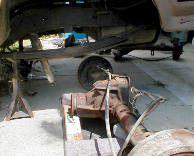 Halfway through swapping the rear axle.  I don't remember which time this was - I've done it a few times, and plan to do it at least once more to get rear disks.

The furniture dolly really helped.