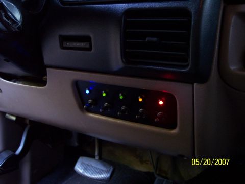 1996 Ford Bronco - Everything switched on: Blue (flashing) - Strobes/wig-wags (just for fun) Green - Empty Green - Driving lights Amber - Fog lights Red - Rev…