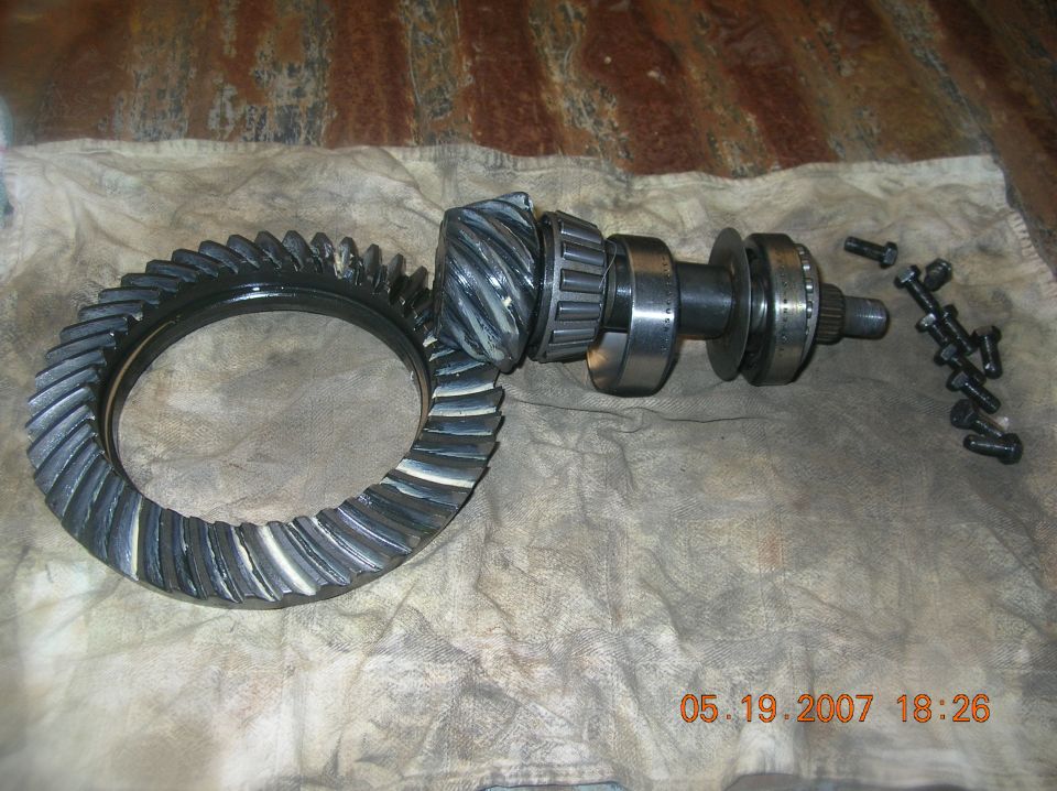 Differential ring gear and pinion shaft with bearings and bolts on a cloth