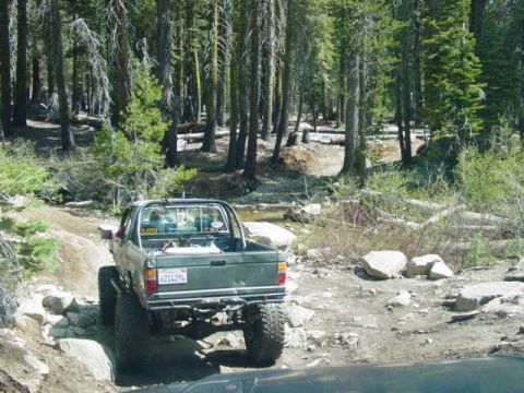 1986 Ford Bronco - A pickup truck navigates a challenging off-road path through a forest.