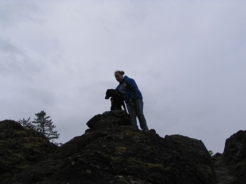 1983 Ford Bronco - A person and their dog are on a rocky outcrop with a cloudy sky overhead.