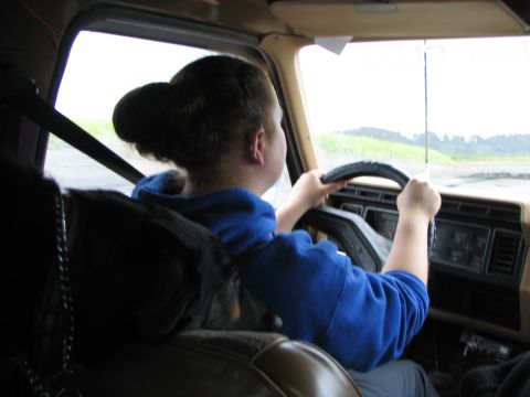 1983 Ford Bronco - The interior of a 1983 Ford Bronco is shown from the passenger seat as the driver grips the steering wheel.