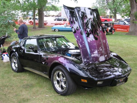 1989 Ford Mustang - A black Chevrolet Corvette with custom flame paint is displayed with its hood open at an outdoor event.