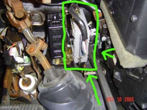 1997 Ford Taurus - Annotated how-to shot under a dashboard showing a module and wiring harness behind the fuse block, with a green hand-drawn box and two gree…