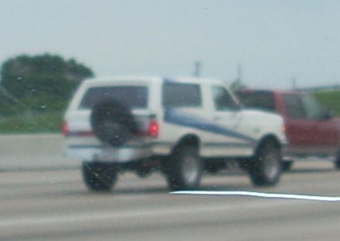 1992 Ford Bronco - This 1992 Ford Bronco features a distinctive blue stripe and a rear-mounted spare tire.