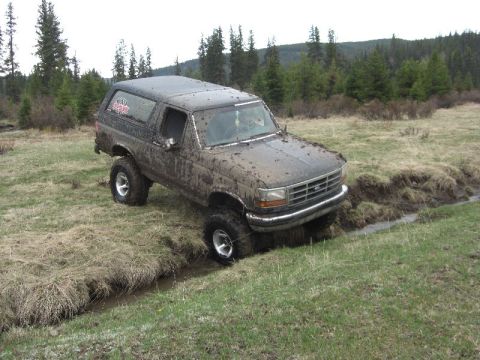1995 Ford Bronco - A dark, mud-covered SUV navigates a muddy terrain with trees and hills in the distance.