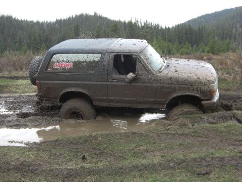 1995 Ford Bronco - This 1995 Ford Bronco is deep in the mud, with only its tires and lower body visible.