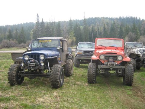 1995 Ford Bronco - Several off-road vehicles, including a red Toyota Land Cruiser and a blue Jeep, are parked on a grassy field with trees in the background.