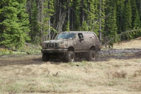 1995 Ford Bronco - This SUV is heavily caked in mud while navigating a challenging off-road terrain.