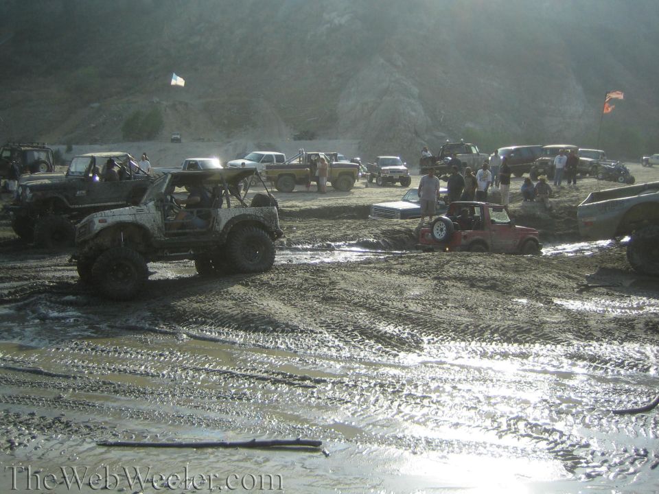 Off-road vehicles stuck in mud, some with roll cages, on a sunny day