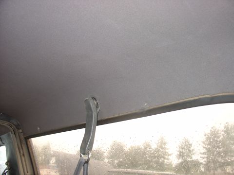 1988 Ford Bronco - The interior headliner and a grab handle are visible in this photo, with a view of the outdoors through the window.