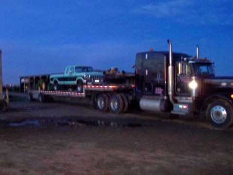 1994 Ford F-150 - A light blue Ford F-Series pickup truck is transported on a flatbed trailer at dusk.