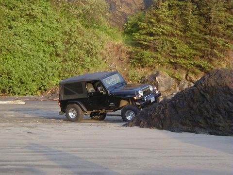1994 Ford Explorer - A black Jeep Wrangler navigates a rocky beach with lush green foliage in the background.