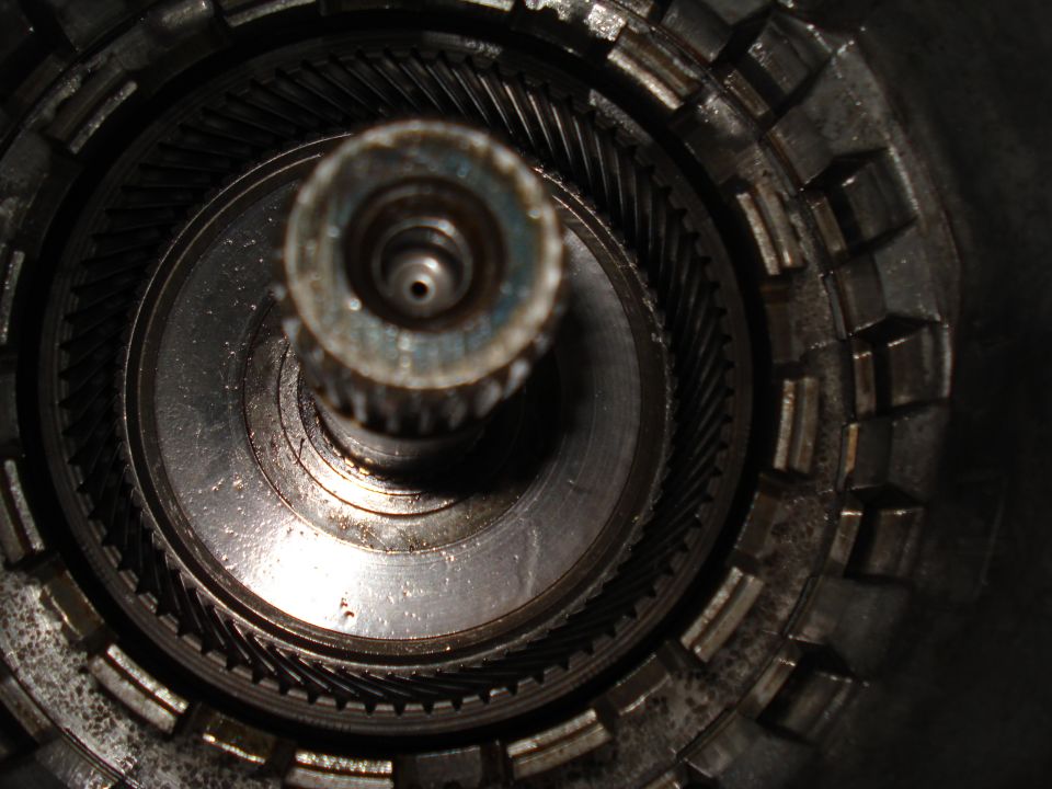 Close-up of a transmission's internal gears and shaft