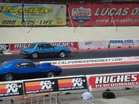1998 Ford Crown Victoria - Two blue drag cars compete on a race track, with sponsor banners in the background.