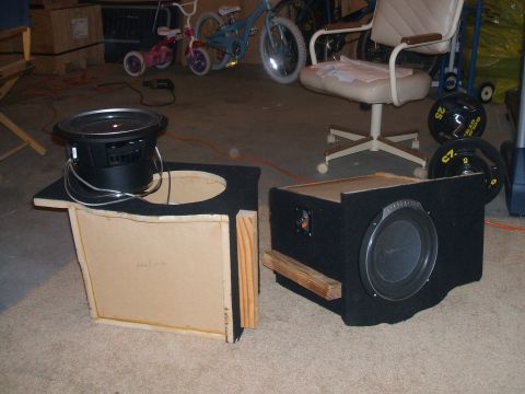 1974 Ford Ranchero - Two custom car subwoofer speaker boxes are shown, one with a subwoofer already mounted.